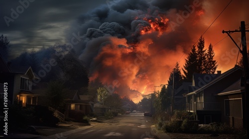 Houses nestled among green trees, yet a menacing fire disrupts the town, its smoke staining the night sky.
