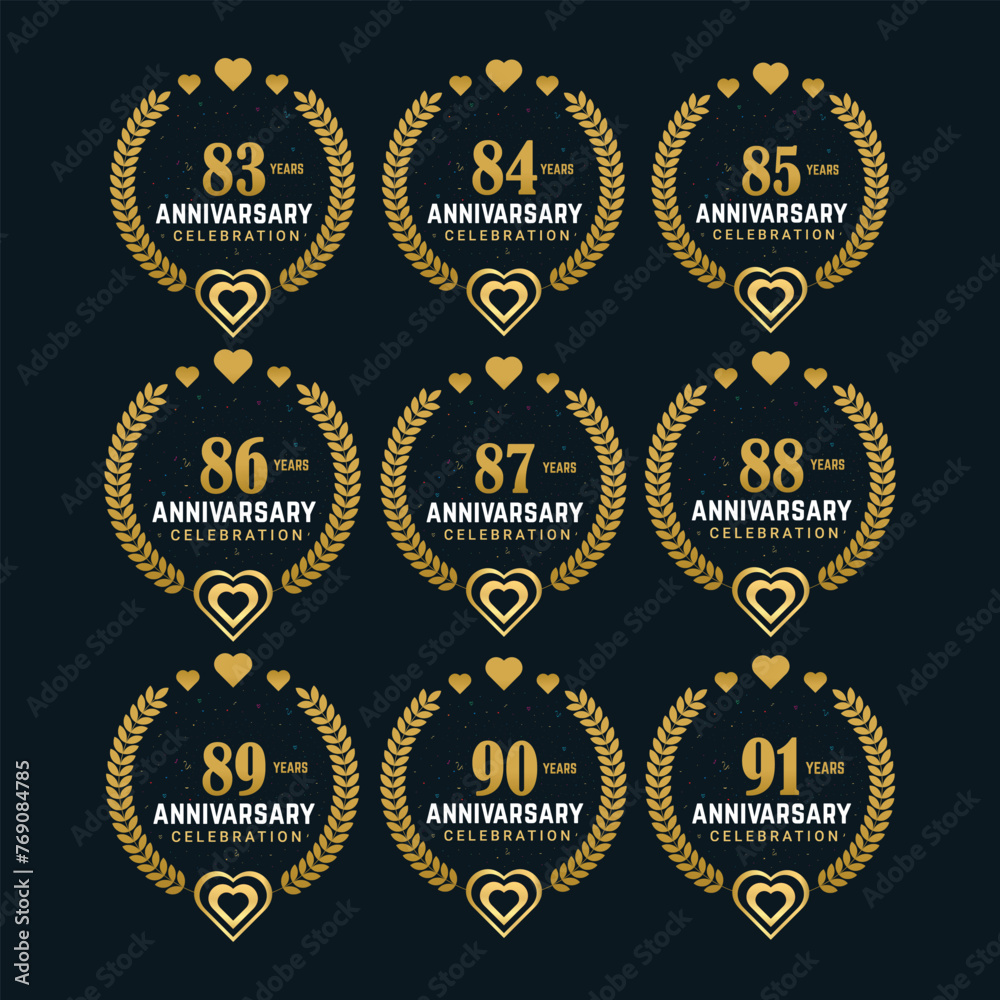 83 to 91 Years anniversary celebration bundle vector design, celebrating luxurious golden color numbers and element 83 to 91 years anniversary design.