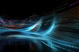 Curved digital streams with binary and light on dark background