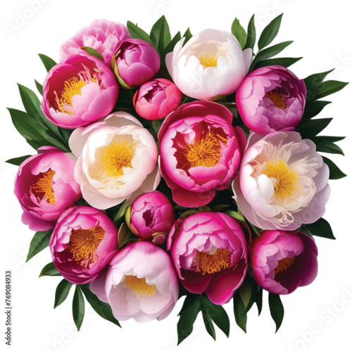 Top view beautiful flower arrangement isolated on white background with Peony