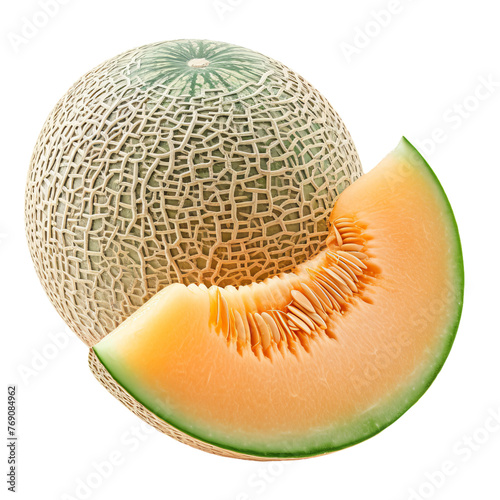 Melon isolated on white transparent background. Green Crown Musk Melon or cantaloupe with slice, isolated