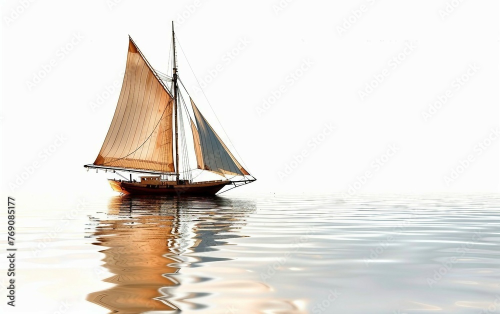 Reflective Sailboat on Calm Water Isolated on White Background.