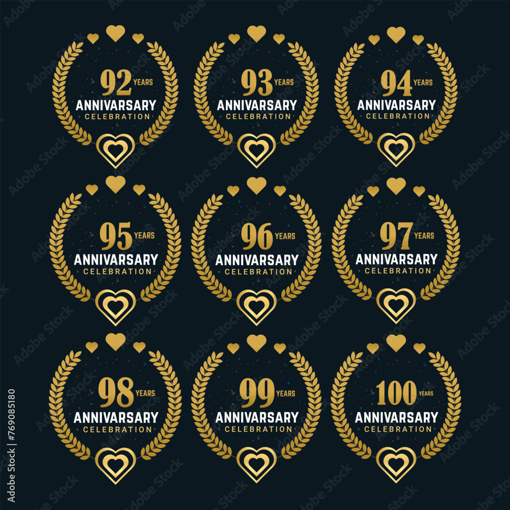 92 to 100 Years Anniversary celebrating golden color Anniversary celebration bundle vector design.