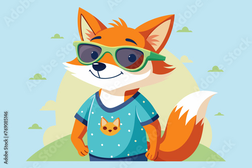 A playful and adorable vector illustration of a fox wearing oversized sunglasses and a cool t-shirt