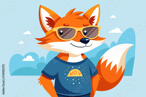 A playful and adorable vector illustration of a fox wearing oversized sunglasses and a cool t-shirt