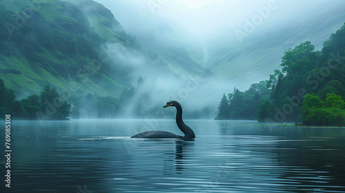 The mystical Loch Ness monster swims across the lake. photo
