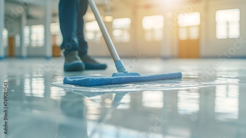 cleaning the floor using a mop and cleanser foam