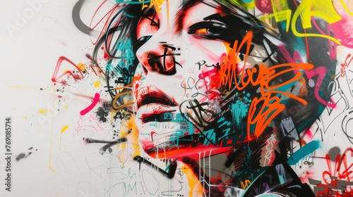 Portrait of a beautiful girl with bright colorful graffiti on the wall