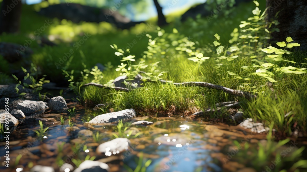 Nature's symphony- rocky-bottomed stream meanders through a sunlit, green forest. Nature's symphony- rocky-bottomed stream meanders through a sunlit, green forest.