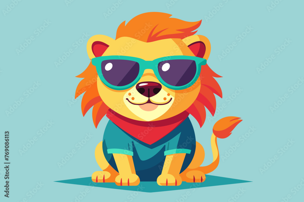A playful and adorable vector illustration of a lion wearing oversized sunglasses and a cool t-shirt