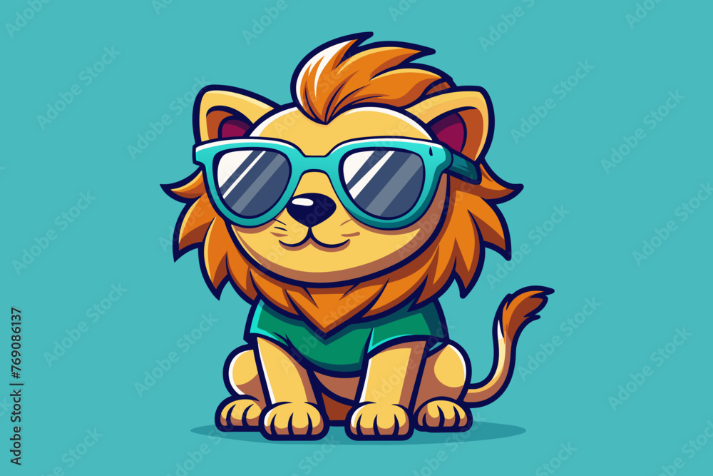 A playful and adorable vector illustration of a lion wearing oversized sunglasses and a cool t-shirt
