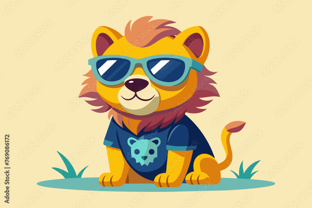 Naklejka premium A playful and adorable vector illustration of a lion wearing oversized sunglasses and a cool t-shirt