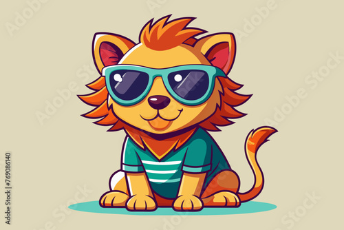 A playful and adorable vector illustration of a lion wearing oversized sunglasses and a cool t-shirt