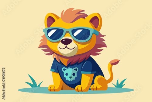 A playful and adorable vector illustration of a lion wearing oversized sunglasses and a cool t-shirt