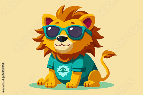 A playful and adorable vector illustration of a lion wearing oversized sunglasses and a cool t-shirt