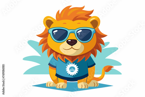 A playful and adorable vector illustration of a lion wearing oversized sunglasses and a cool t-shirt