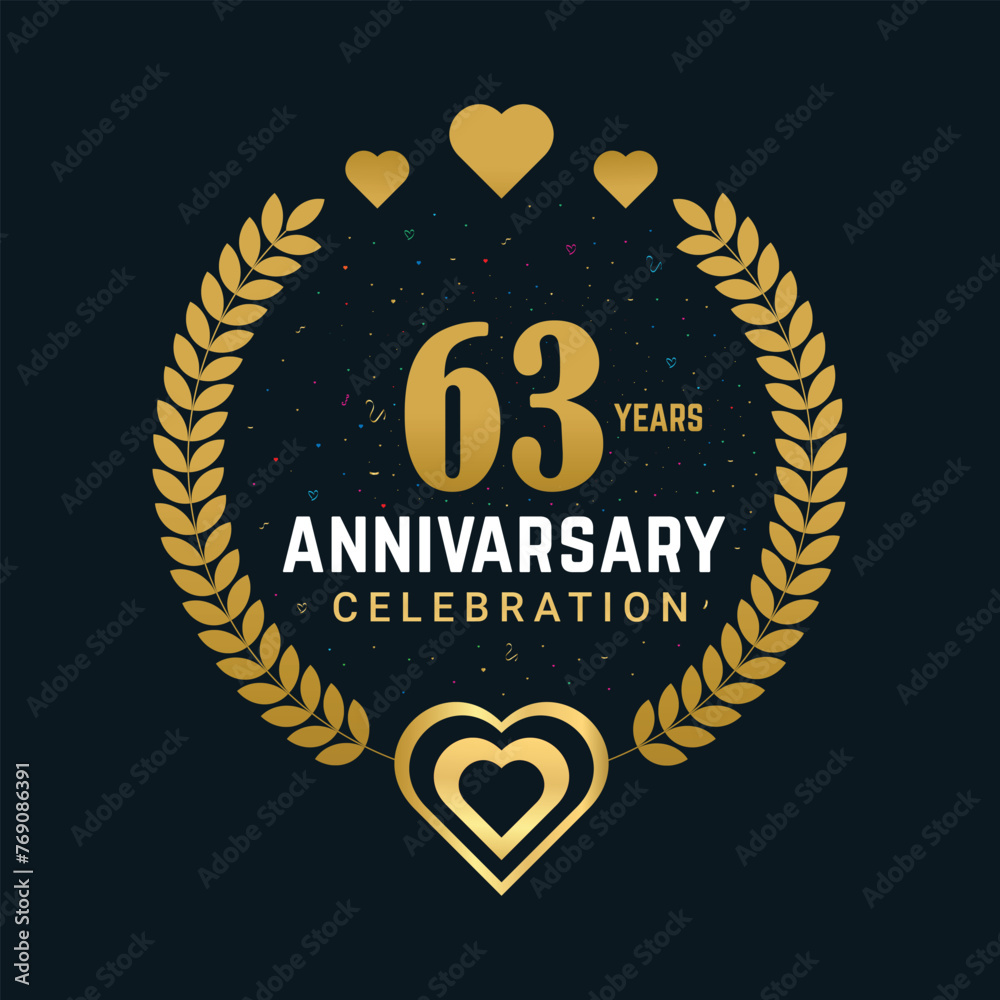 63 Years Anniversary celebration vector design, celebrating golden color numbers and elements 63 years Anniversary design. 63 Years Anniversary celebration vector design, celebrating golden color numbers and elements 63 years Anniversary design.