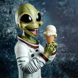 Alien in space suit enjoying ice cream against starry background
