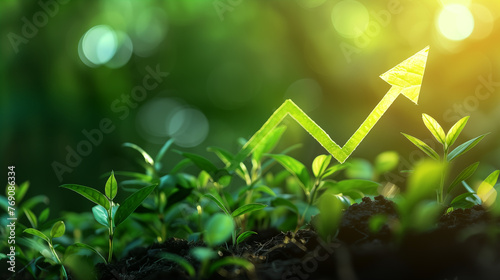 Infographic with a green arrow among green plants. Nature background. Business, finance, analytics
