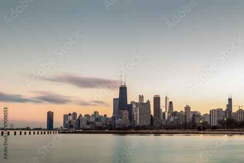 Skyline of downtown Chicago at dusk, Illinois, United States