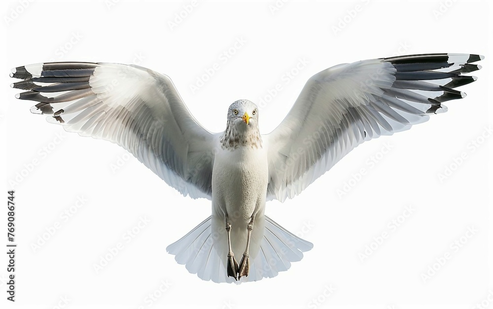 Obraz premium Seagull Soaring with Wings Spread Isolated on White Background.