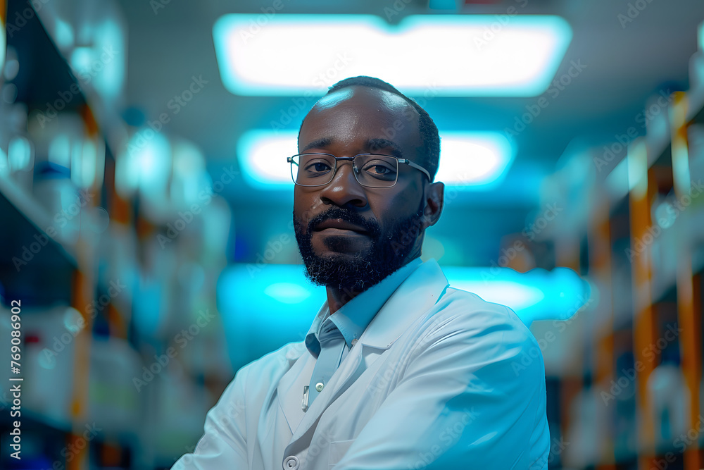 Obraz premium Confident, serious, black scientist facing camera, undoubted stance,
