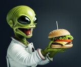Excited green alien in space suit holding a cheeseburger over dark background with copy space