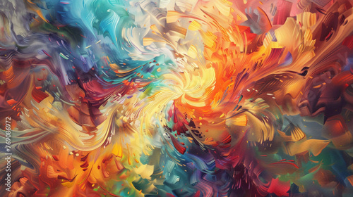 Energetic swirls of bright hues bursting forth from the canvas, exuding a sense of vitality and movement.
