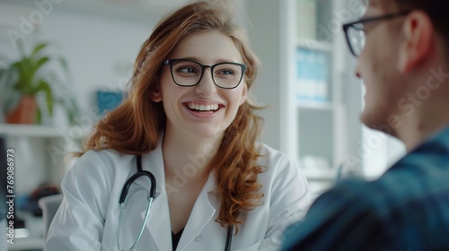Professional female doctor smiles and shows positive examination results to young, joyful man. Handsome, happy guy with glasses at doctor's appointment in modern office of medical institution.
