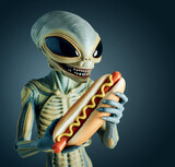 Alien creature holding an oversized hot dog with mustard over dark background