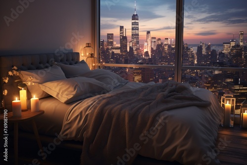 a bed with a view of a city in the background