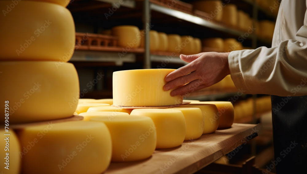 A man holds a head of Kraft cheese. Cheese production. Farming. For educational purposes, culinary websites, food industry marketing, and articles about cheese-making. 
