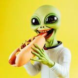 Alien in a spacesuit gleefully biting into a hot dog over yellow background