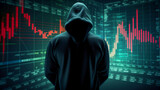 Hooded figure against stock market data on screens