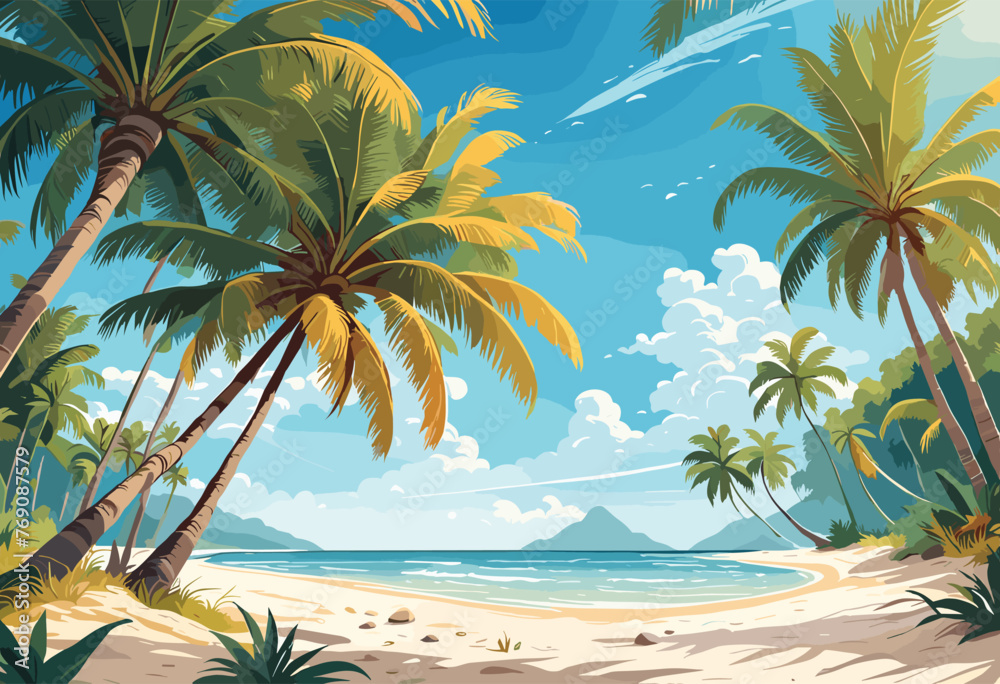 Tropical Sea beach background, landscape with sand beach, sea water edge and palm trees. Colorful vector art illustration, banner, wallpaper.	