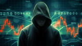 Anonymous figure in hoodie against glowing stock market chart background
