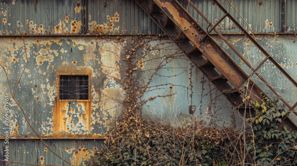 The weathered exterior of an industrial building shows a patchwork of decay and rust, with vines creeping over the metal and concrete.. The weathered exterior of an industrial building shows a patchwork of decay and rust, with vines creeping over the metal and concrete..