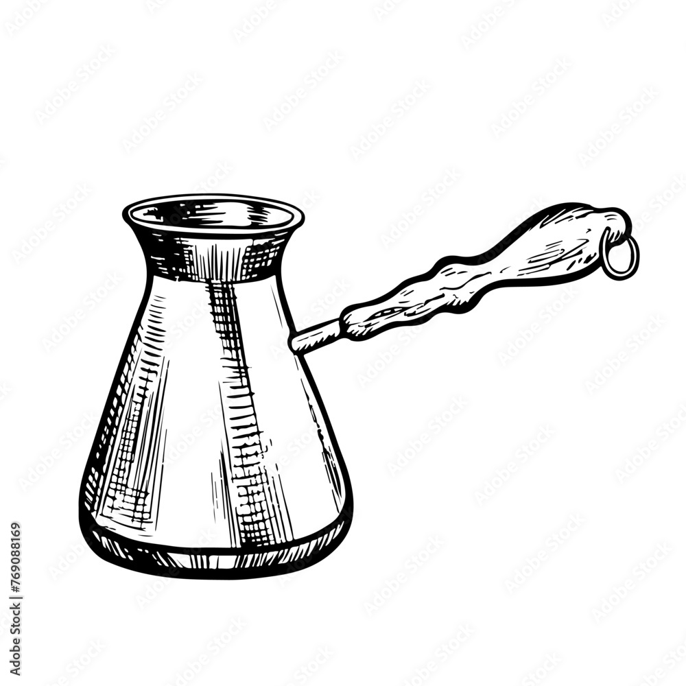 Coffee maker, Turkish coffee maker. Vector black and white graphic illustration, hand-drawn. For printing, menus, postcards and packages. For banners, flyers and posters. Coffee maker, Turkish coffee maker. Vector black and white graphic illustration, hand-drawn. For printing, menus, postcards and packages. For banners, flyers and posters.