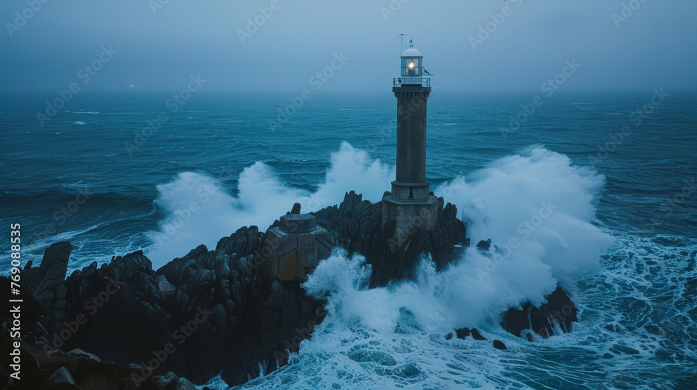 A blue hour vista captures the lighthouse enduring the ocean's wrath, with fierce swells enveloping the jagged coastline..