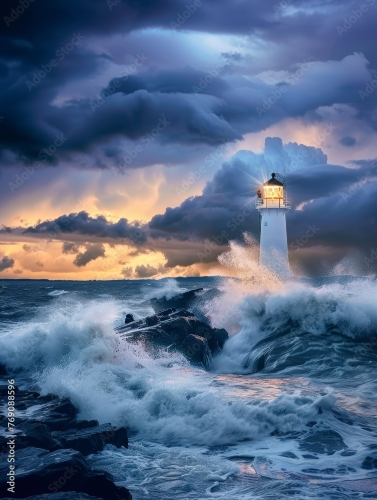 In the embrace of a stormy sky, the lighthouse stands as a nautical beacon, its light piercing through the tumult of surging waves..
