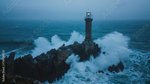 A blue hour vista captures the lighthouse enduring the ocean's wrath, with fierce swells enveloping the jagged coastline..