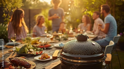 Kamado grill as the heart of a backyard gathering, with friends and family enjoying a meal together. The composition and warm color palette take cues from the inviting and intimate  photography. photo