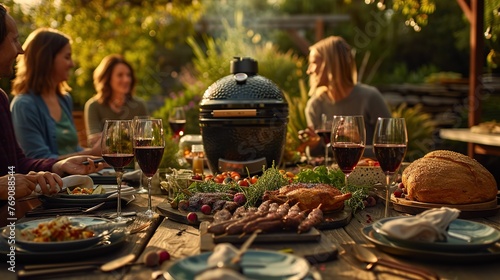 Kamado grill as the heart of a backyard gathering, with friends and family enjoying a meal together. The composition and warm color palette take cues from the inviting and intimate  photography.