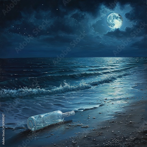 Message in a bottle washed ashore on a moonlit beach, evoking a sense of mystery and nostalgia. The gentle waves and the soft glow of the moon add to the dreamlike atmosphere.