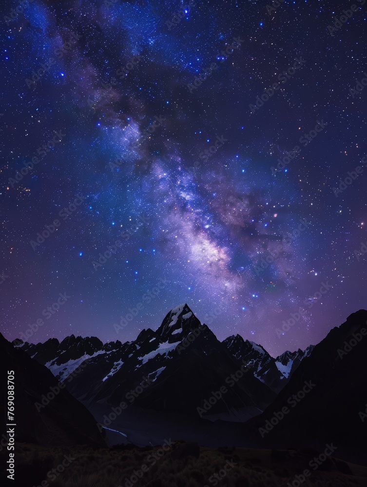 A tranquil nightscape featuring a dazzling star-studded sky transitioning to a warm twilight hue above the soft silhouettes of mountain ranges..