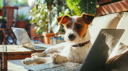 Dog Sitting on Couch With Laptop photo