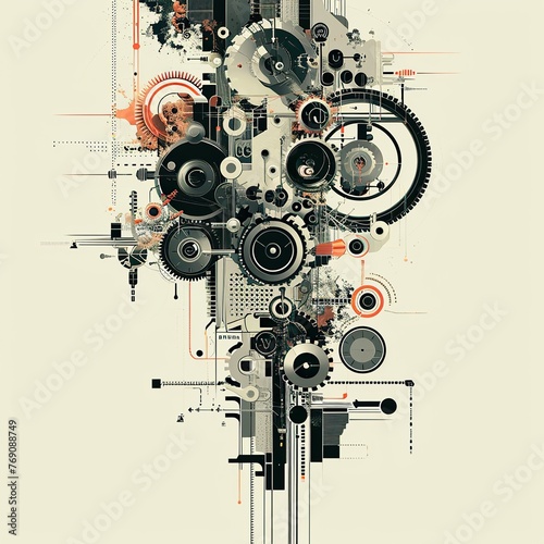 Evolution of technological innovation and research, featuring a timeline depicted through a series of interconnected gears and cogs. The image employs a muted color palette and precise detailing.
