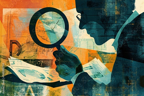 Financial mindfulness, featuring a frugalist holding a magnifying glass over a meticulously planned budget. The composition is a mix of warm and cool tones, emphasizing the analytical aspects. photo