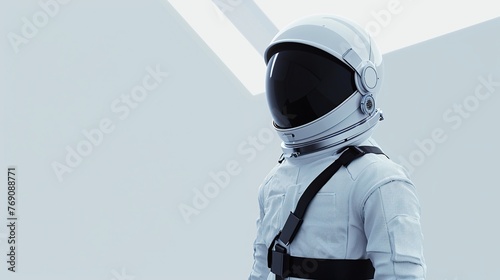 Minimalist astronaut suit with an exaggerated, oversized belt cinching the waist, symbolizing the idea of space constraints. The stark contrast between the stark white spacesuit and the bold black. photo