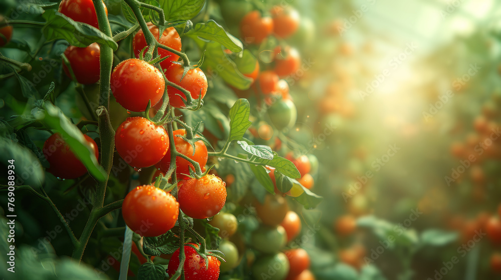 A bunch of ripe red tomatoes in clusters hanging from a plant